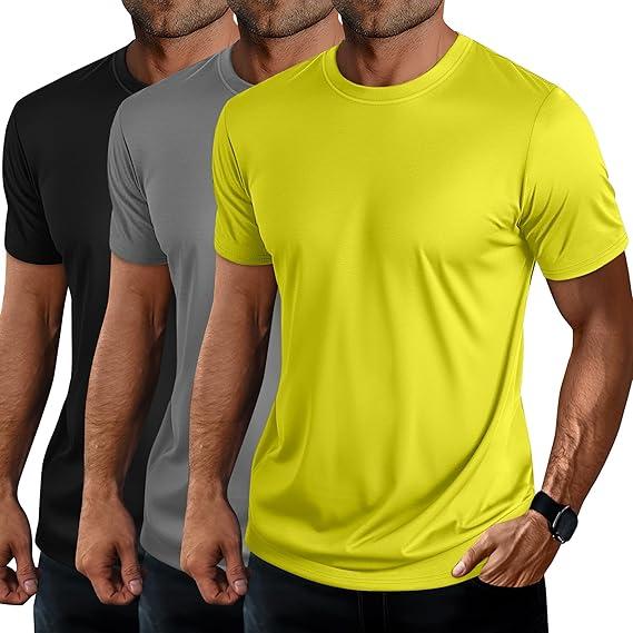 Ficerd 3 Pack Swim Shirts for Men Short Sleeve Quick Dry Shirts Crew Neck Rash Guard UV Athletic Lightweight Basics Tees (Black, Gray, Yellow, M)