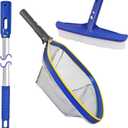 Poolvio Swimming Pool Cleaning Kit, 14'' Brush Head & 50'' Telescopic Aluminum Pole with Fine Mesh Skimmer Net - Perfect for Above Ground Pools, Spas, Hot Tub Fountains Blue (PK0140)