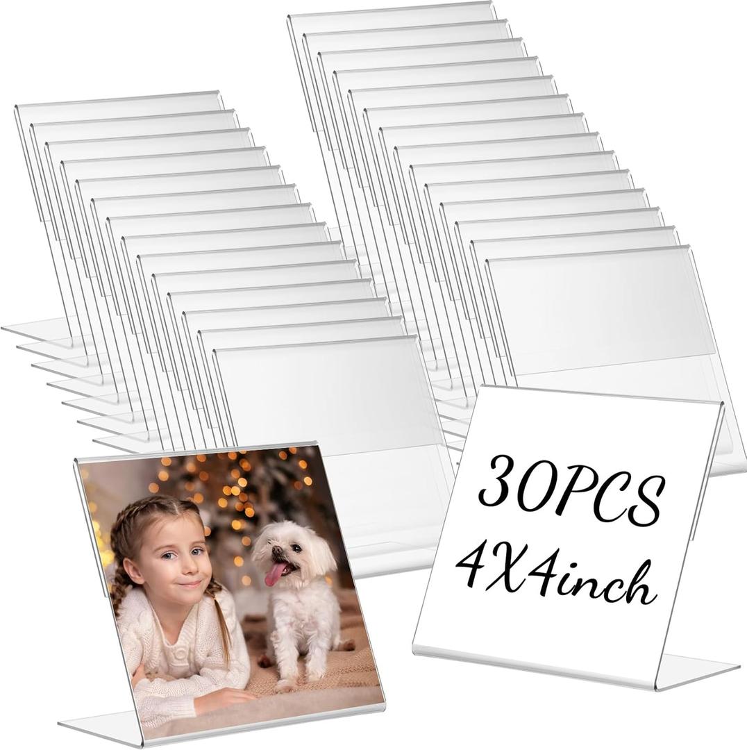 Soaoo 30 Pcs Acrylic Photo Frames 4 x 4 Inch Clear Picture Frames Slant Back Plastic Booth L Shaped Photo Stand Horizontal Small Sign Holder Name Display Stand with Insert for Home Office