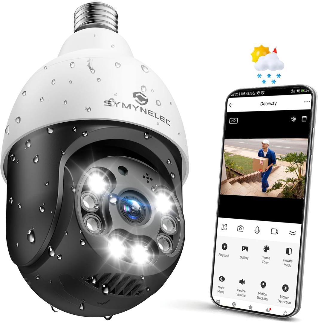 SYMYNELEC Light Bulb Security Camera Outdoor Waterproof 2.5K, 2.4GHz Wireless WiFi Light Socket Cam with AI Human Motion Detection Tracking 4MP Color Night Vision Siren Alarm Works with Alexa Google