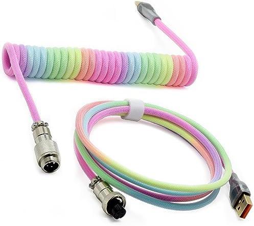 ZDawnn Braided Keyboard Cables 1.5m Coiled Type-C to USB A with Detachable Aviator Connector.for Gaming Keyboard/Tablet (Rainbow)