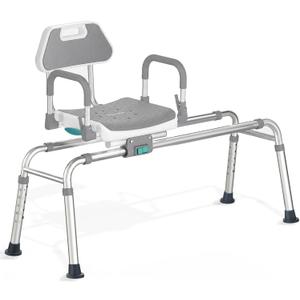 Sliding Shower Chair Tub Transfer Bench with Swivel Seat, Shower Bench for Elderly and Disabled, with Security Belt, 360 Rotation, Slides and Rotates, Adjustable,one Touch Slide Button, Grey