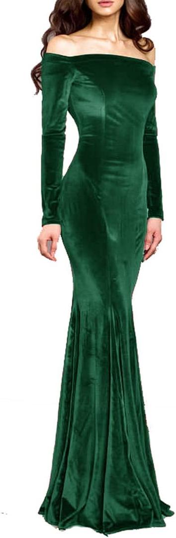 TTYBridal Off The Shoulder Velvet Mermaid Evening Gown Long Prom Party Dresses with Two Sleeves (10, Dark Green)