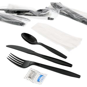 AmerCareRoyal 6-in-1 Disposable Silverware Heavy Weight Plastic Utensil Set with Teaspoon, Fork, Knife, Salt & Pepper Packets, 13x17 Napkin - Individually Wrapped Cutlery Meal Kit, Black, Case of 250