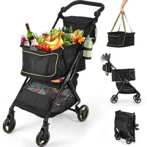 Dyna-Living Shopping Cart for Groceries Adjustable Handle Folding Shopping Carts on Wheels, 70 LBS Grocery Cart Personal Shopping Cart Foldable, Lightweight Aluminum Frame & 600D Oxford Fabric