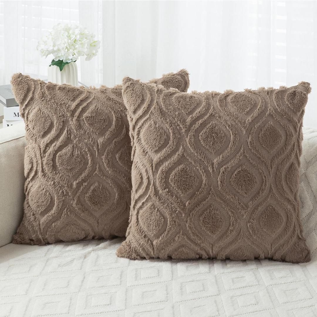 BVEED Throw Pillow Covers 24x24 Set of 2 Boho Decorative Pillow Covers Luxury Soft Plush Short Faux Wool Cushion Covers for Couch Sofa Bedroom Living Room,Brown