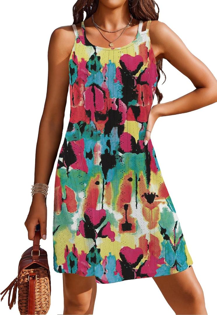 Womens Swimsuit Cover Up Spaghetti Strap Eyelet Embroidery Scoop Neck Sleeveless Casual Summer Dress Bikini Coverup (Large, Red Tie Dye)