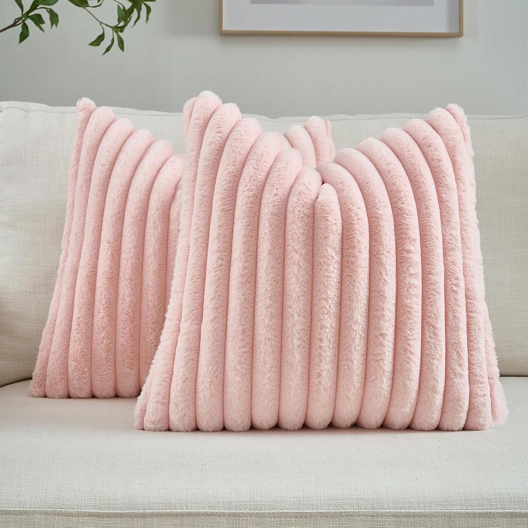 FUTEI Pink Striped Decorative Throw Pillow Covers 16x16 Inch Set of 2,Square Winter Decorations Couch Pillow Case,Soft Cozy Faux Rabbit Fur & Velvet Back,Modern Home Decor for Bed
