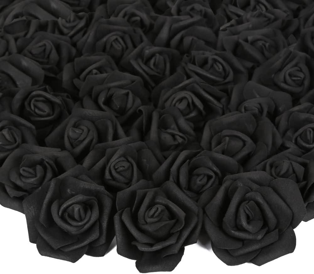 Artificial Rose Flowers, 200 pcs Foam Rose Bulk Black Fake Flower Heads for DIY Wedding Bouquets Rose Wall Kissing Balls Bridal Shower Centerpieces Arrangements Party Tables Decorations(Black)