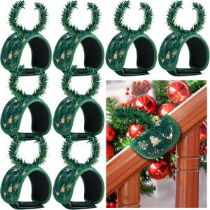 8 Pcs Railing Protection Christmas Garland Ties, Green Decorative Banister Garlands Hanger, Adjustable Banister Protective Padded Faux Pine Stems Garland Ties for Staircase Wreath Home Holiday Decor