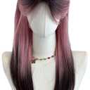 Pink Ombre Wig for Women Dark Roots Pink Brown Gradient Long Straight Hair with Curtain Bangs Synthetic Wig