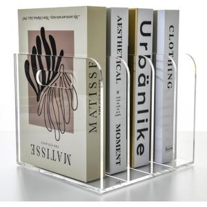 4 Vertical Compartments File Holder, Clear Acrylic Desk Organizer and Storage Bins Holding for Magazines, Binders, Notebooks, Envelopes, Multi-purpose Document Organizer for Home Office