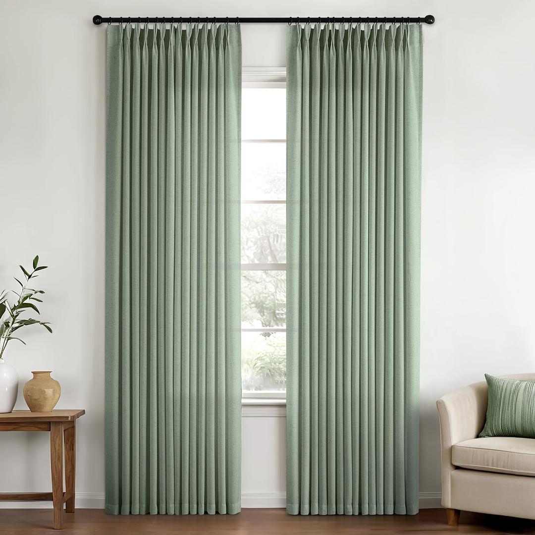 Memory Trained Pinch Pleated Curtains 80 Inches Long, Viral Linen Pinch Pleat Sheer Curtains with Ring Hooks&Clips for Track System Living Room, Sage Green Light Filtering Privacy Curtain 2 Panel Set