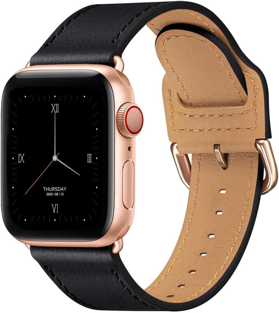 POWER PRIMACY Leather Bands Compatible with Apple Watch Band 38mm 40mm 41mm 42mm-Series 11/10,Genuine Leather Strap Compatible for Women Men iWatch SE Series 11 10 9 8 7 6 5 4 3 2 1(Black/Rosegold)