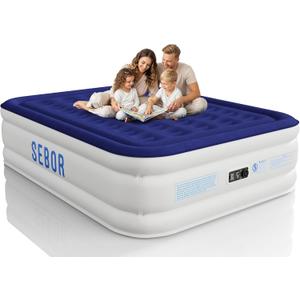 Sebor Air Mattress Queen with Built-in Pump 18", Comfortable Self-Inflating Air Mattress with High-Speed Pump, Durable Blow Up Mattress Queen with Storage Bag for Guests, Camping, Travel (Blue White)