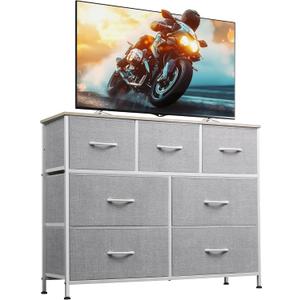 WLIVE 7 Drawer Dresser TV Stand, Entertainment Center, Media Console Table with Metal Frame and Wood Top for TV up to 45 inch, Chest of Drawers for Bedroom, Living Room, Light Grey