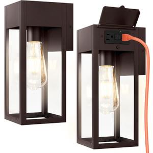 2 Pack Porch Lights Outdoor Wall Sconce, Outdoor Light with GFCI Outlet, Waterproof Exterior Wall Lantern Light Fixtures, Anti-Rust Wall Lamp for Patio Doorway Garage- Oil Rubbed Bronze (No Sensor, Standard)