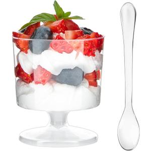 Zezzxu 100 x 2 oz Mini Dessert Cups with Spoons, Goblet - Disposable Appetizer Cup Mousse Cups Small Plastic Dessert Shot Glasses for Serving Individual Desserts, Cocktails, Trifle