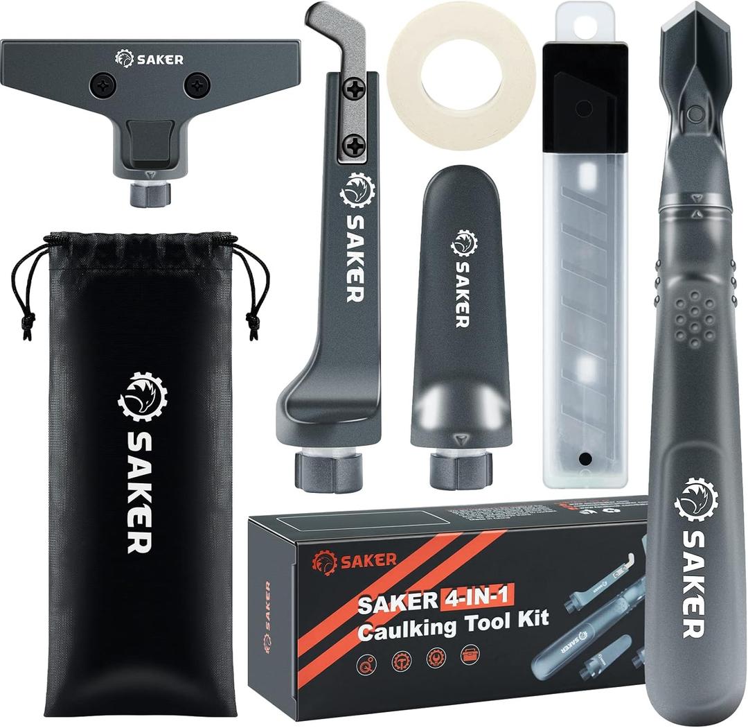 Saker 4 in 1 Caulking Tool Kit-Aluminum Sealant Finishing Tool Grout Remove Scraper Caulk Remover Glass Glue Angle Scraper for Bathroom,Kitchen,Floor,Window,Sink Joint,Frames Seal (Silver)