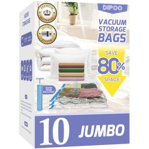 10 Pack Jumbo Vacuum Storage Bags with Hand Pump, 80% Storage Space Saving, Sturdy Leak-Free Space Saver Vacuum Seal Bags for Clothing, Vacuum Compression Bags for Travel Lugggage Blankets Comforters
