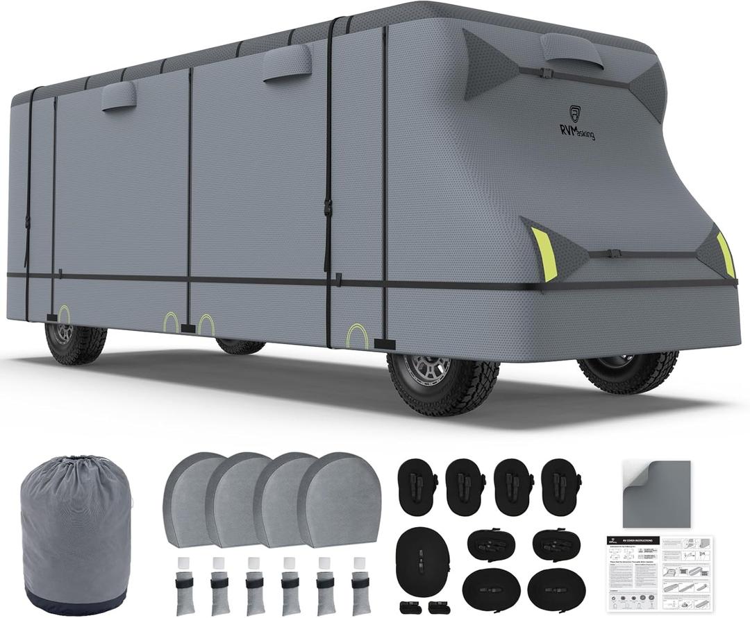 RVMasking Class C RV Cover, 23'1"-26' Heavy Duty 7 Layers Top Class C Motorhome Cover with 4 Tire Covers, Windproof Rip-Stop Anti-UV Camper Cover, Dark Gray