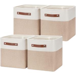 HNZIGE Foldable Storage Cubes Baskets for Organizing Set of 4, Fabric Cube Storage Bins 11 x11, Collapsible Storage Basket Bins Cube with Handles for Shelves Home Nursery (White Beige)