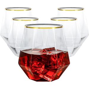 Goodluck 40 PCS Diamond Stemless Plastic Wine Whiskey Glasses, 12 Oz Disposable Cocktail Glasses, Suitable for Weddings, Birthday Parties, Family Gatherings, Bars, etc （Gold rimmed cups）