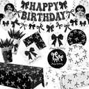 187Pcs Black Bow Birthday Party Decoration Serve 24,Black Coquette Birthday Tableware Supplies Disposable Plates Napkins Tablecloth Hanging Swirls Banner Balloons for Girls Bow Theme Party Decor