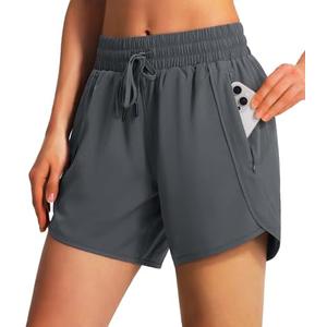 Ksmien Women's 5" Athletic Running Shorts Quick Dry Lightweight Workout Gym Shorts with Zipper Pockets UPF 50+, Size: L