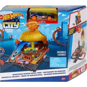 Hot Wheels City Burger Drive-Thru Playset with 1 Vehicle, Connects to Other Playsets & Tracks, Gift for Kids Ages 4 to 8 Years Old