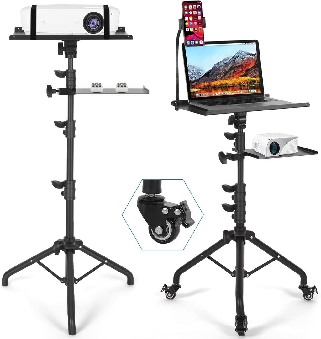 Tossbiss Laptop Tripod on Wheels with 2 Shelves, Portable Projector Floor Stand Adjustable Height 25.9 to 51.8 Inch with Phone Holder