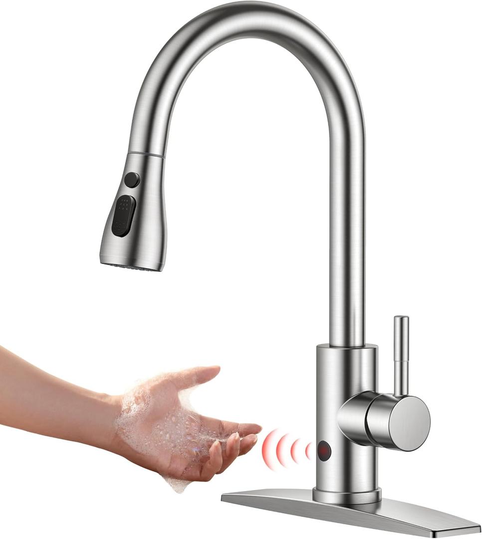 FORIOUS Touchless Kitchen Faucet with Pull Down Sprayer, Brushed Nickel Hands-Free Smart Motion Sensor Sink Faucet Single Handle Contemporary, Suitable for Farmhouse Laundry Camper RV Bar (Stainless Steel)