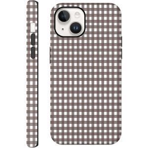 Aesthetic Cases for iPhone 13, Glossy Hybrid 2-Layer Hard Cover, Protective Scratch Resistant Shell, Brown Gingham