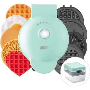 DASH Multimaker Mini System - Waffle Maker with Six 4 Removable Plates & Storage Case: Waffle Iron & Griddle, 4-in-1 Mini Waffle Maker for Kids and Families  Nonstick Surface, Just Add Batter (Aqua) (6 Plates and Storage Case)