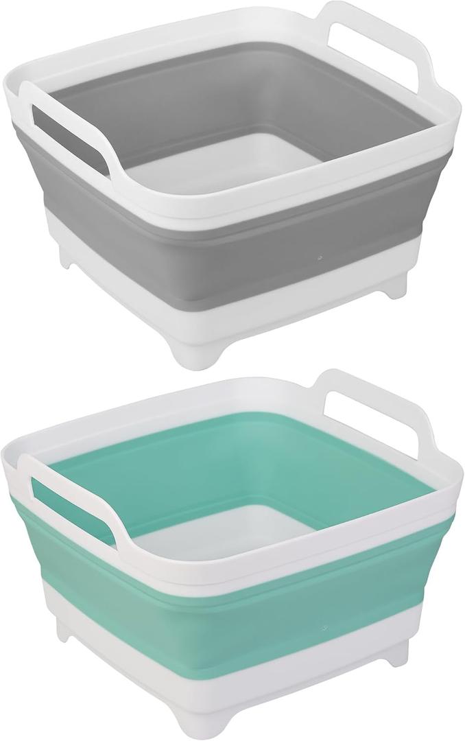 2 Pack Dishpan for Washing Dishes, 2.4Gal/9L Wash Basin with Draining Plug Carry Handles, Collapsible Bucket for Cleaning, Portable Sink, Foldable Plastic Tub (Green and Grey)