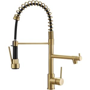 Brushed Gold Kitchen Faucet with Pull Down Sprayer, AIMADI Commercial Gold Kitchen Sink Faucet Single Handle Spring Two Nozzles Faucets