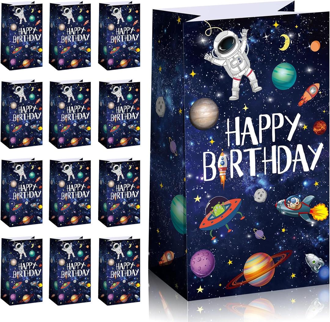 Pajean 28 Pcs Outer Space Birthday Party Favors Space Gift Bags Bulk Solar System Treat Goodie Bags for Candy Snack Popcorn Galaxy Planet Astronaut Theme Happy Birthday Party Supplies Decorations