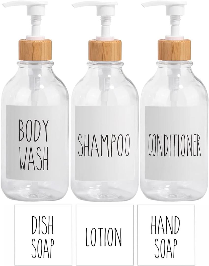 Shampoo and Conditioner Dispenser-Set of 3-16 oz Reusable Pump Bottle Dispenser for Bathroom with 6 Waterproof Stickers - Empty Plastic Refillable Containers for Shower (Clear) (Clear -6 Italic Font Labels) Shampoo and Conditioner Dispenser-Set of 3-16 oz Reusable Pump Bottle Dispenser for Bathroom with 6 Waterproof Stickers - Empty Plastic Refillable Containers for Shower (Clear) (Clear -6 Italic Font Labels)