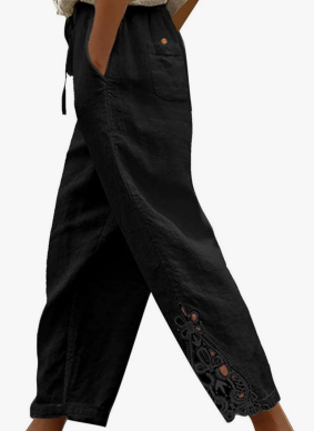 Linen Pants Women 2025 Fahion Lightweiht Loose Capri Pant Lace Casual High Waist Trousers Summer Capris with Pocket Black XL