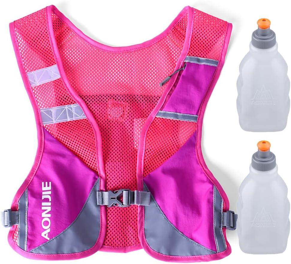 AONIJIE Ultralight Running Vest with Reflective Strip Breathable Hydration Backpack for Hiking Camping Marathon Cycling Race (Rose with 2*250ml Water Bottle)