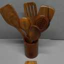 AIUHI Natural Solid Teak Wooden Cooking Utensils for Nonstick Cookware, Wooden Kitchen Utensils Set Includes Spoons, Spatulas, Strainer Spoon, Salad Fork with Holder and Spoon Rest (9PCS)