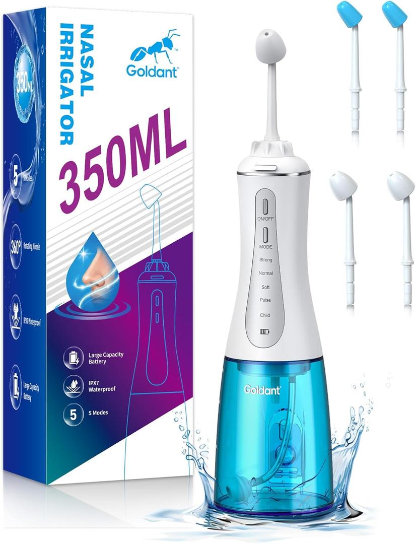 350ML Neti Pot Sinus Rinse Kit, Nasal Irrigation System with 5 Modes, 4 Nozzles, Cordless Rechargeable, IPX7 Waterproof, Nose Cleaner for Sinus Relief (350ML No Salt) (White)