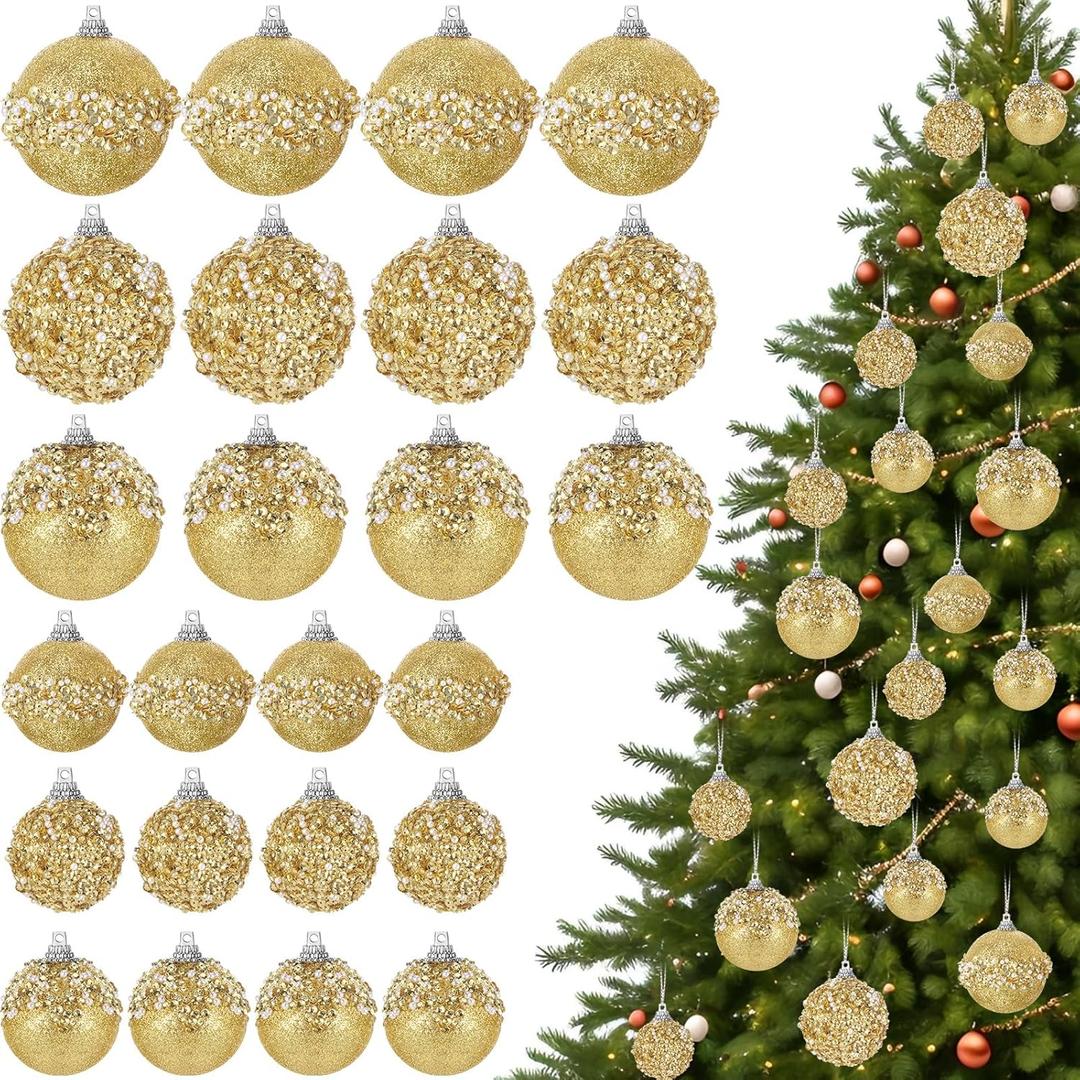 Poen 24 Pcs Glitter Christmas Ball Ornaments Set Christmas Tree Ornaments Hanging Sequin Foam Xmas Balls Decoration for Xmas Tree Wreath Garland Home Decor Wedding Party(Gold)