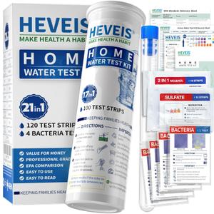 21-in-1 Home Drinking Water Testing Kit - 120 Strips + 4 Bacteria Tests - Tap and Well Water Test Kit, Easy to Test and Read for Hardness, Lead, Iron, Fluoride, pH, Copper, Bacteria and More (Blue)