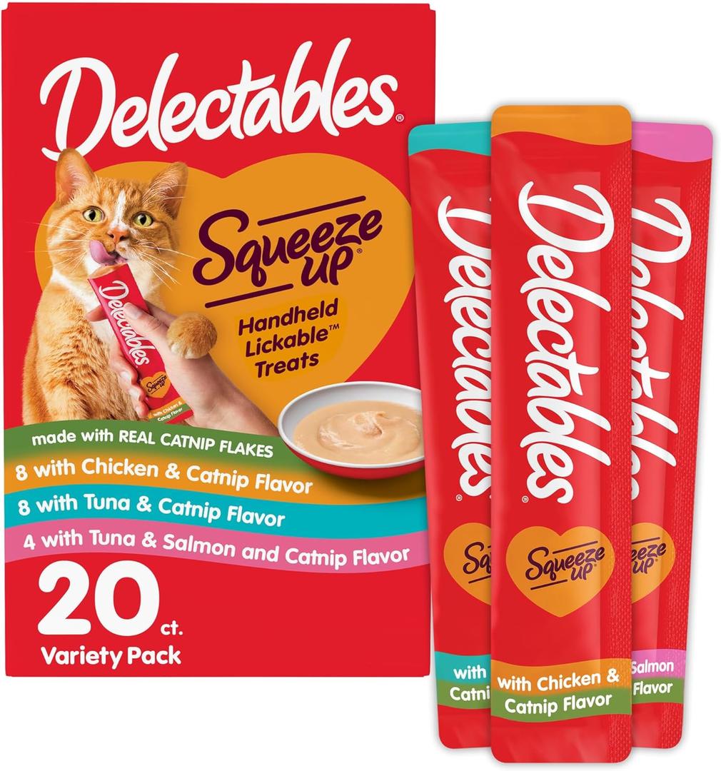 Delectables Squeeze Up Catnip Variety Pack, Creamy Squeezable Puree, Lickable Wet Cat Treats, Grain Free, No Added Fillers, No by-Products, No Added Preservatives, 0.5 Ounces Tube, 20 Tubes Total Best Before June 18, 2027