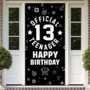 Official Teenager 13th Birthday Decorations for Boys Girls - Fabric 13 Year Old Birthday Backdrop Banner, Yard Sign, Photo Props, Door Decor - Black White Birthday Party Supplies