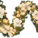 6ft White and Gold Christmas Garland with 25 LED Lights with Timer, prelit champgn Gold Garland with Magnolia and Plenty Ornament,Festive Lighted Decor for Front Door, Mantel, Stair & Fireplace