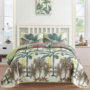 Luxudecor Tropical Plants Quilt Set Queen Size 3 Pieces Green and Brown Palm Botanical Bedspread Rainforest Style Bedding Set Soft Lightweight Bed Cover All Season 96"x90"