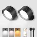 LED Wall Mounted Lights, Rechargeable Wall Sconces Lamp, 3 Color Temps & Remote and Touch, 360Rotation Dimmable Cordless Wall Light for Study Bedroom Reading Bedside(Black, 2 Pack)