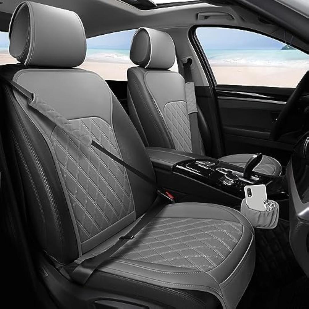 Sanwom Front Car Seat Covers - Leather Seat Covers with Storage Pocket and Two Belt Pads, Anti-Slip Waterproof Universal Seat Covers for Cars Fit Cars Trucks SUV(Grey,2 Pack)